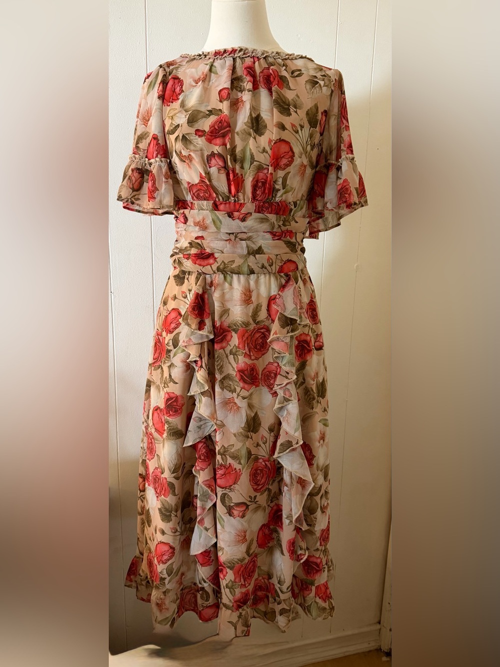 eshakti Blush Floral Maxi Dress with Red Rose Print